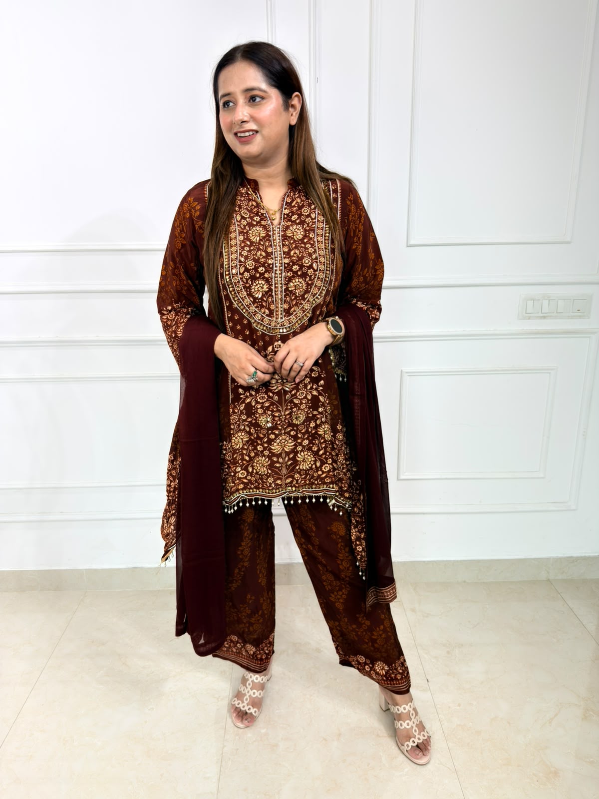 Mahira | Chocolate Brown Printed 3-Piece Suit Set