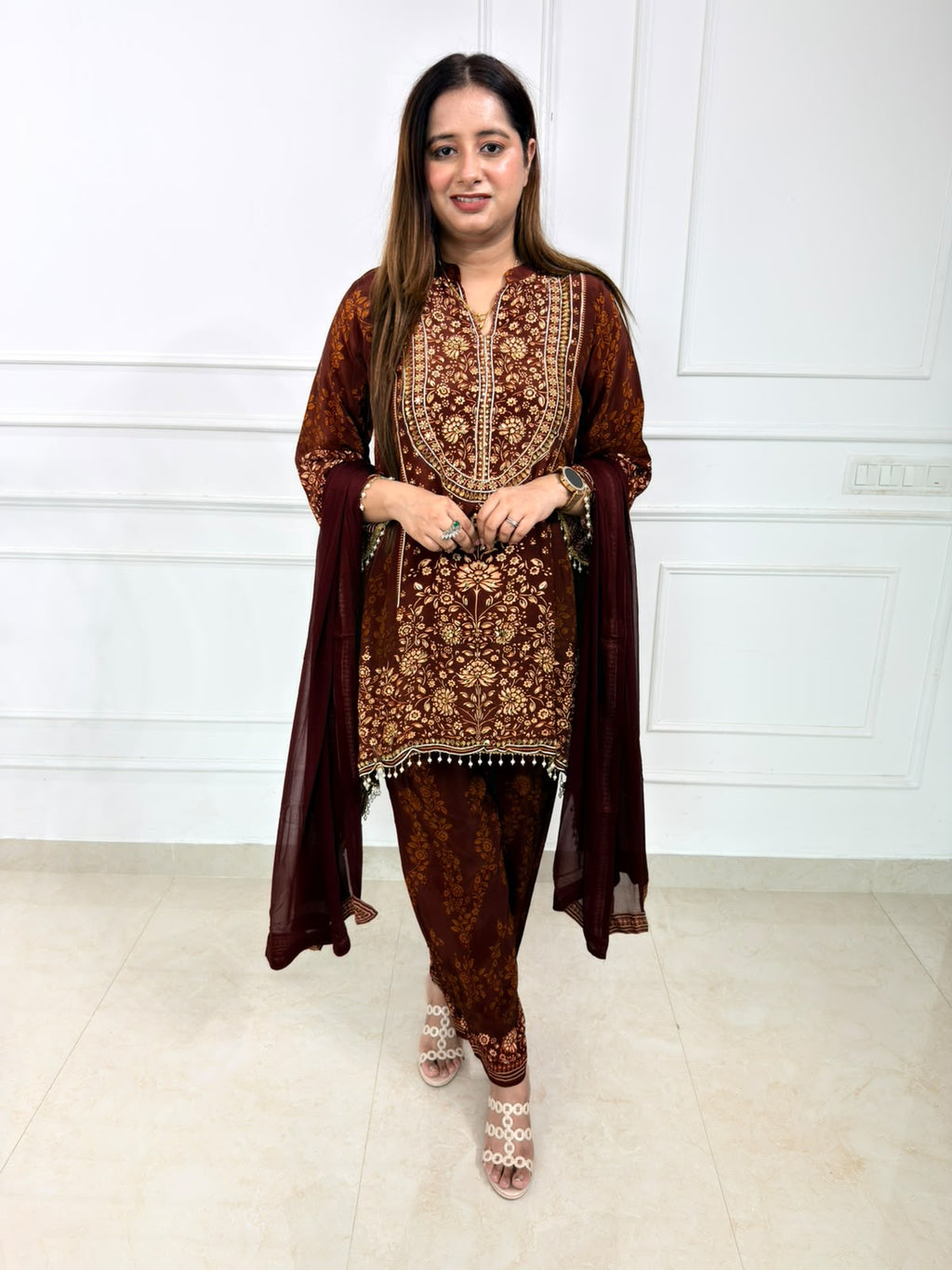 Mahira | Chocolate Brown Printed 3-Piece Suit Set