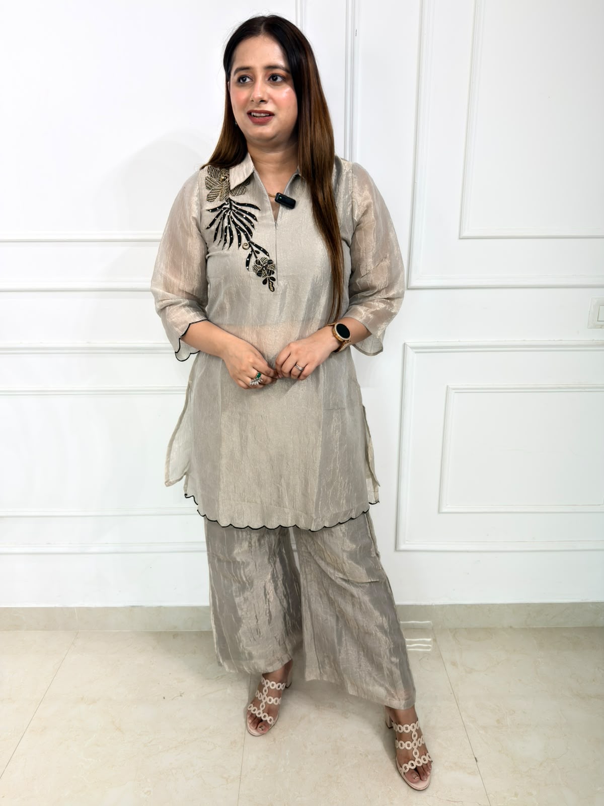 Elvara | Pearl Grey Embroidered Co-Ord Set