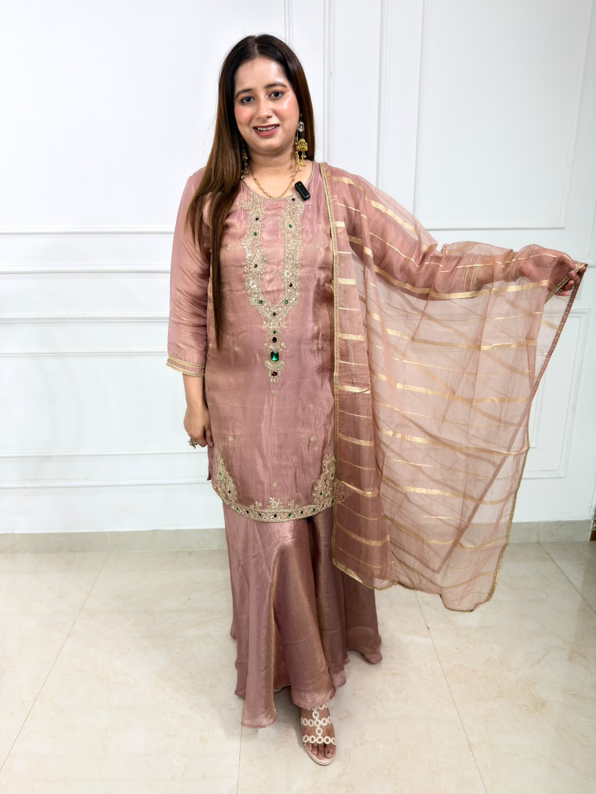 Avyara | Rose Taupe Embroidered 3-Piece Suit Set