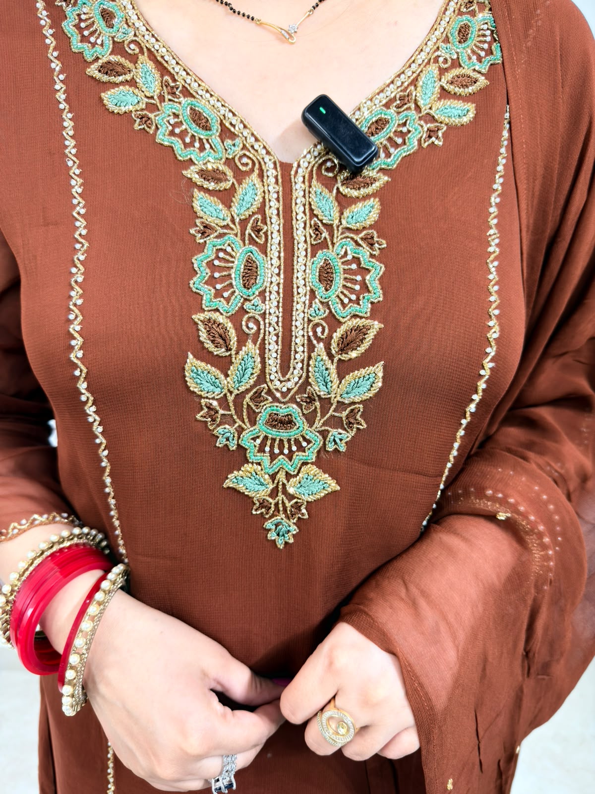 Velira | Brown Embroidered 3-Piece Designer Suit Set