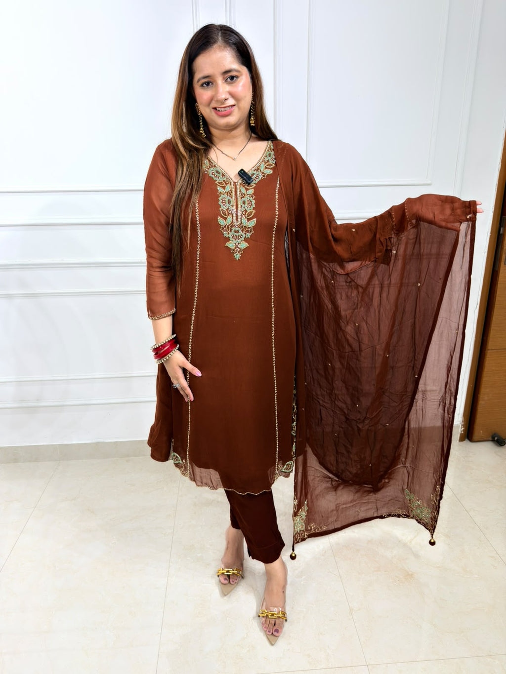Velira | Brown Embroidered 3-Piece Designer Suit Set