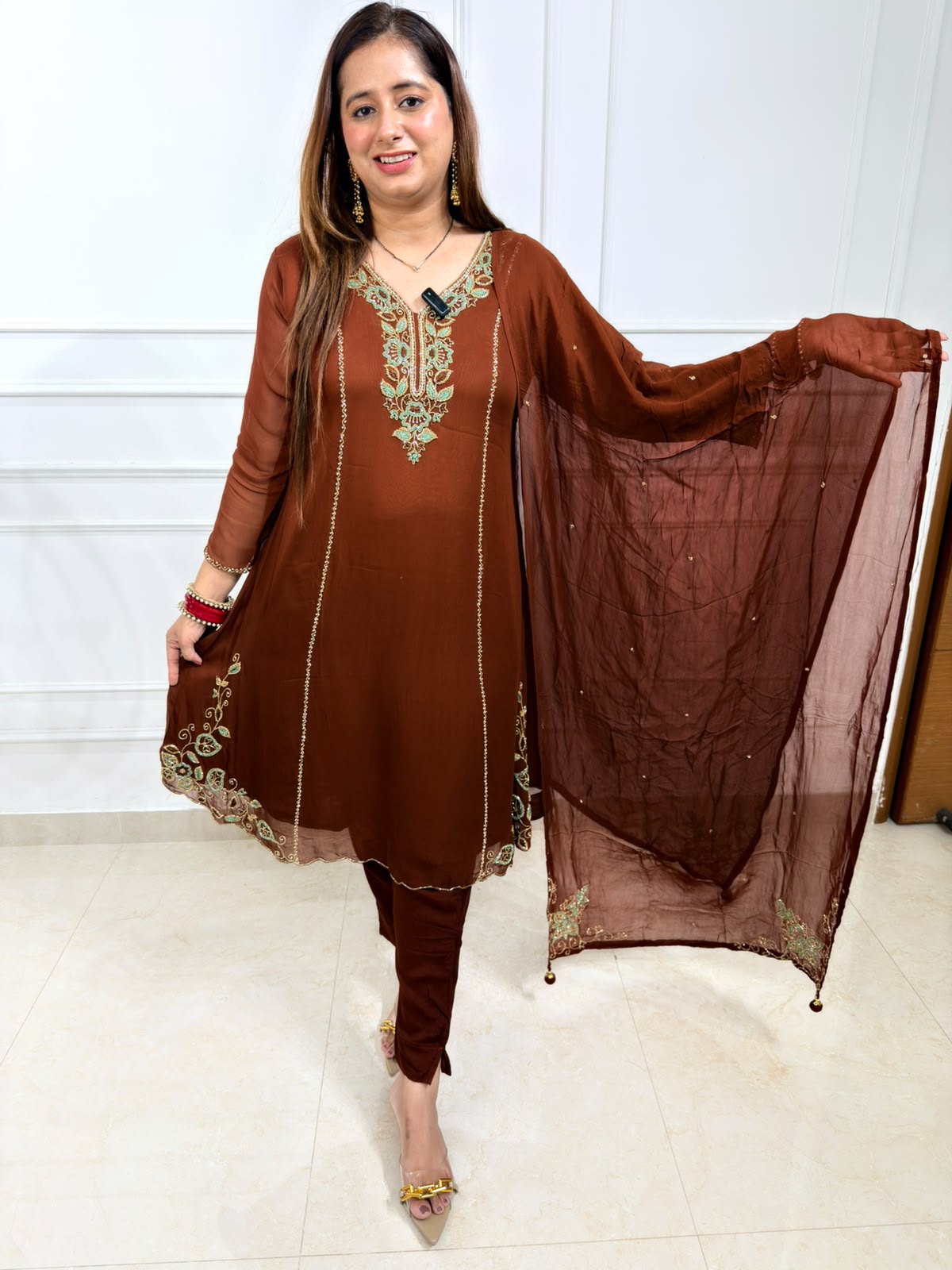 Velira | Brown Embroidered 3-Piece Designer Suit Set