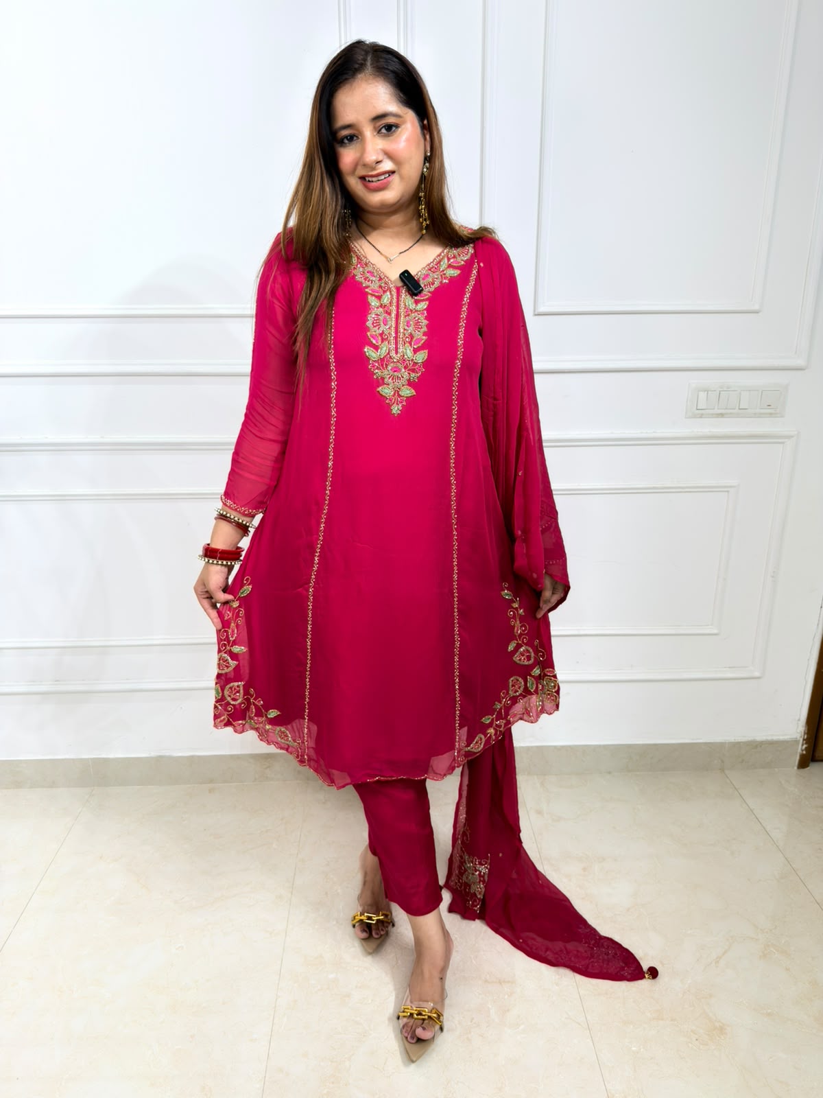 Velira | Rani Pink Embroidered 3-Piece Designer Suit Set