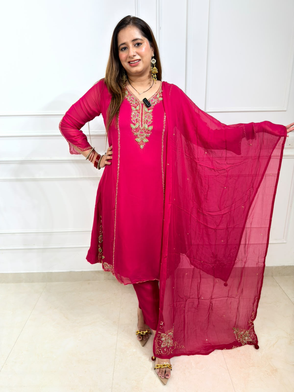 Velira | Rani Pink Embroidered 3-Piece Designer Suit Set