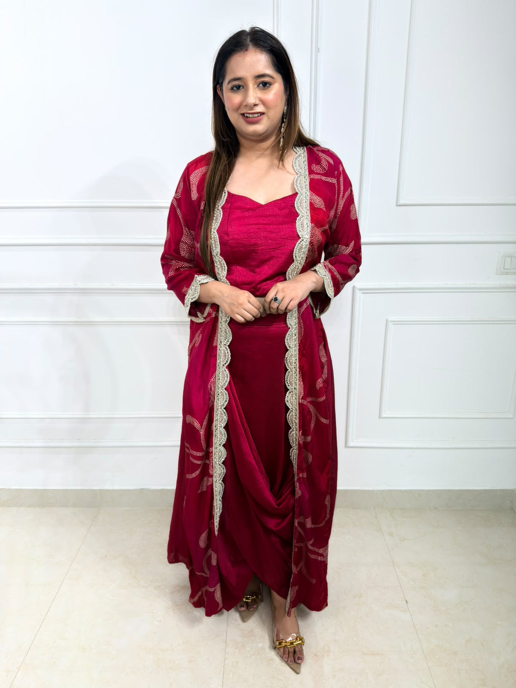 Roshni | Wine Draped Co-ord Set with Embroidered Shrug