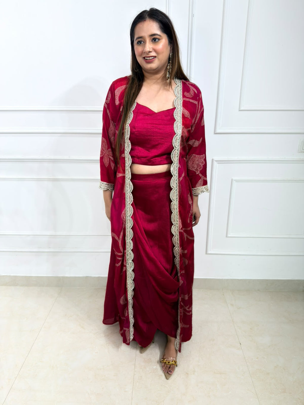 Roshni | Wine Draped Co-ord Set with Embroidered Shrug