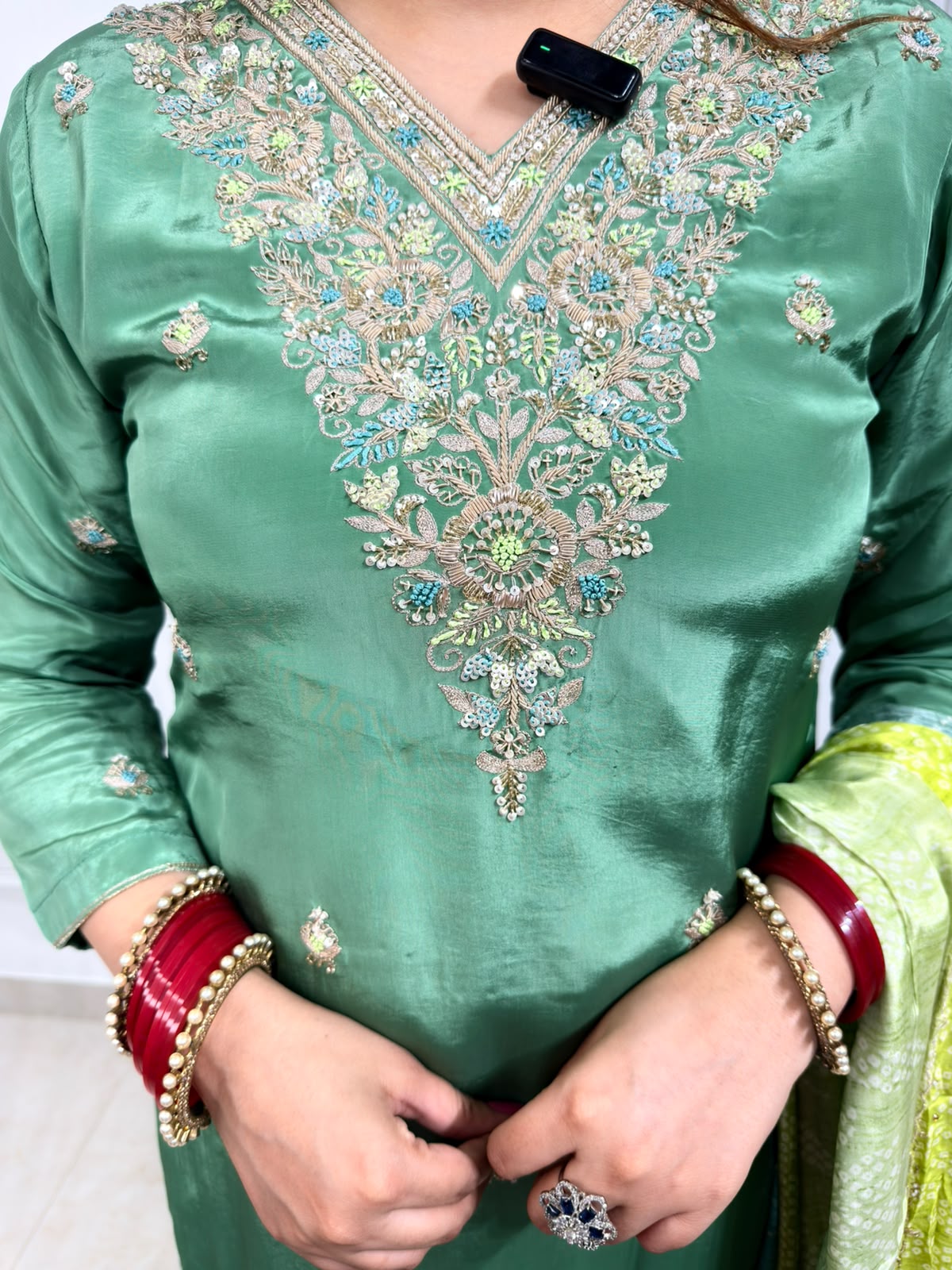Meherza | Green Embroidered Suit Set with Ombre Dupatta