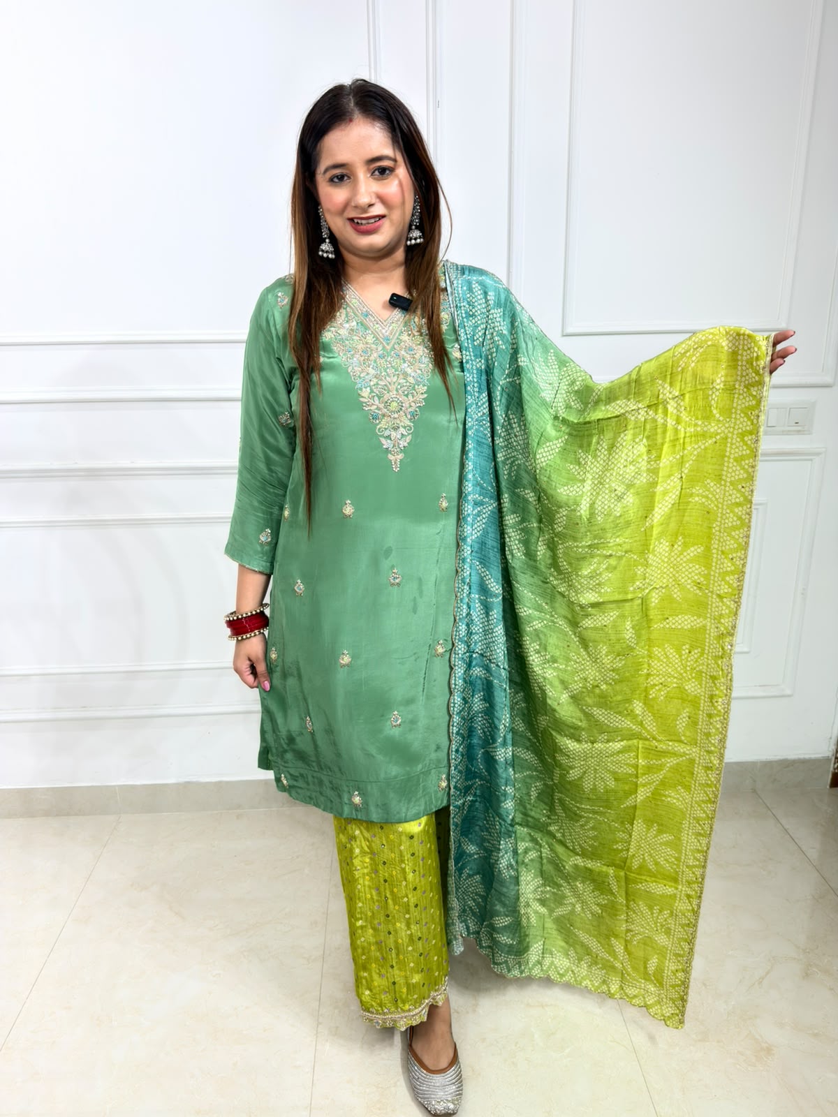 Meherza | Green Embroidered Suit Set with Ombre Dupatta