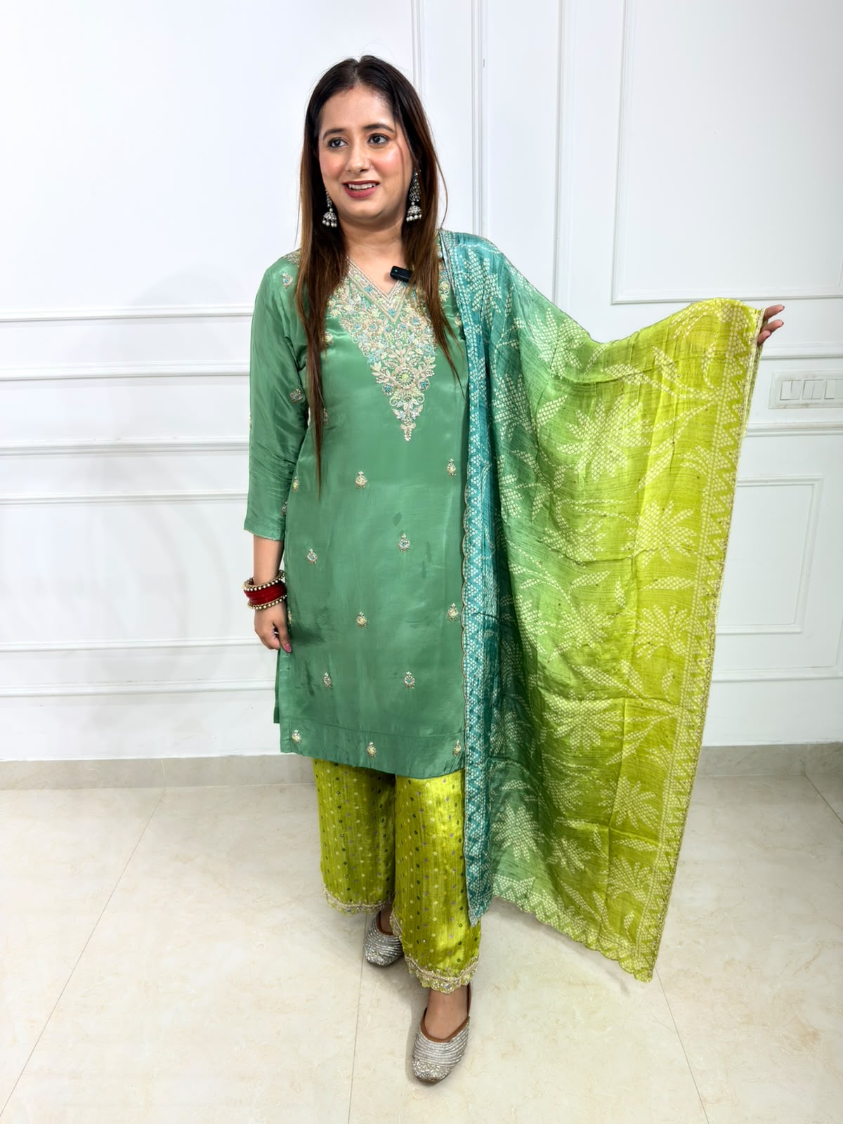 Meherza | Green Embroidered Suit Set with Ombre Dupatta