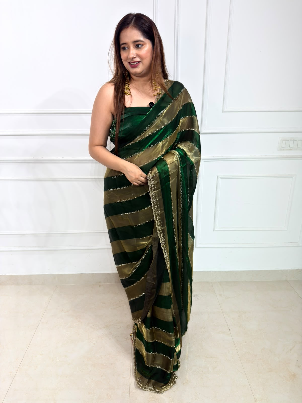 Aveline | Emerald & Gold Striped Saree