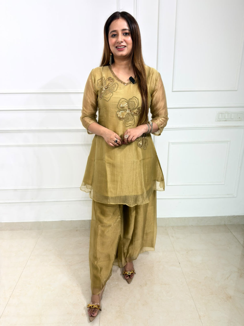 Zarelle – Golden Embroidered 2-Piece Sharara Suit Set