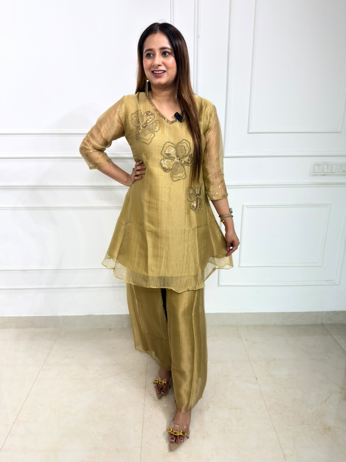 Zarelle – Golden Embroidered 2-Piece Sharara Suit Set