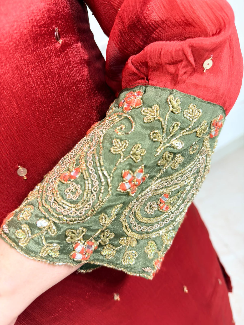 Meher – Rust Silk-Blend Embroidered 3-Piece Suit Set