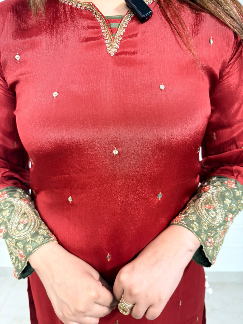 Meher – Rust Silk-Blend Embroidered 3-Piece Suit Set
