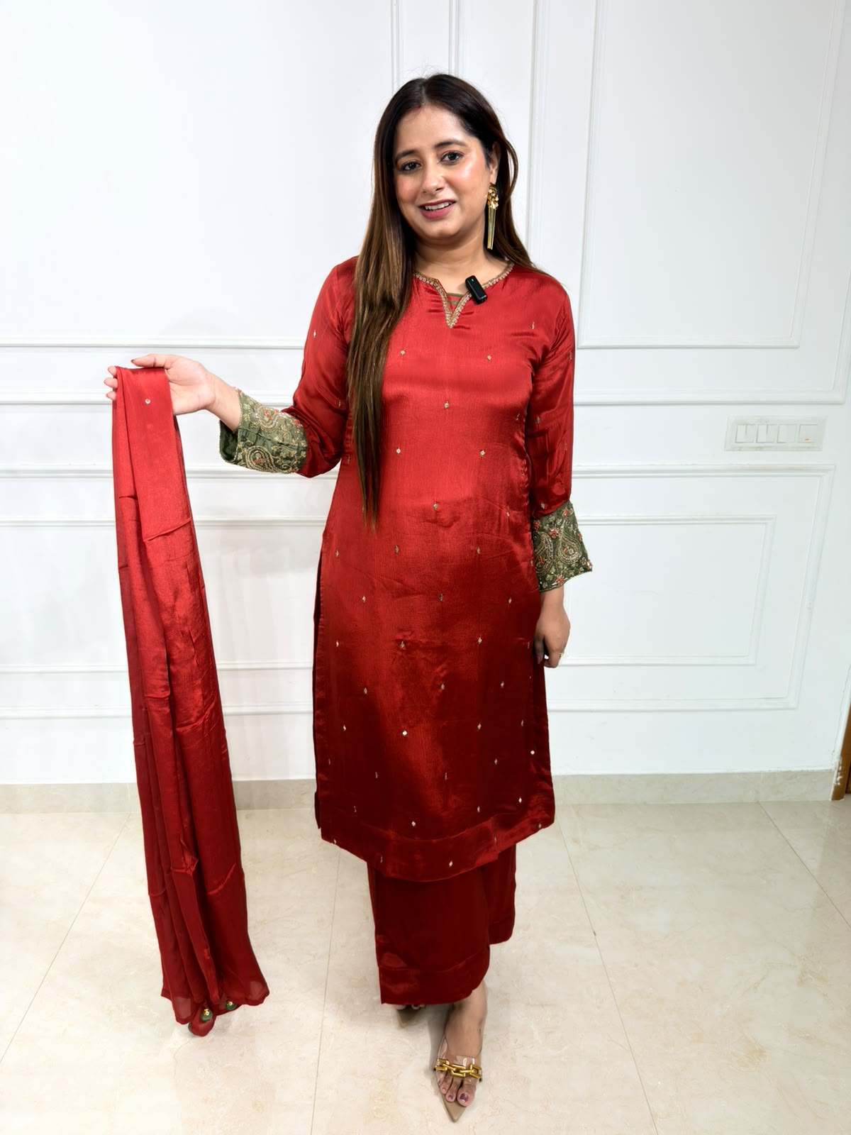 Meher – Rust Silk-Blend Embroidered 3-Piece Suit Set