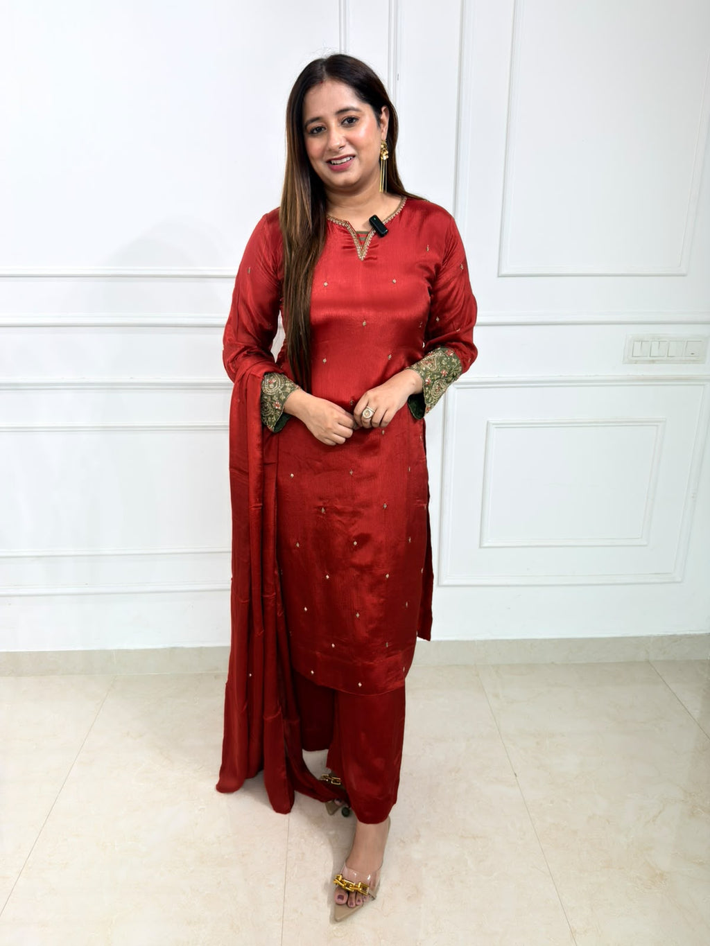 Meher – Rust Silk-Blend Embroidered 3-Piece Suit Set