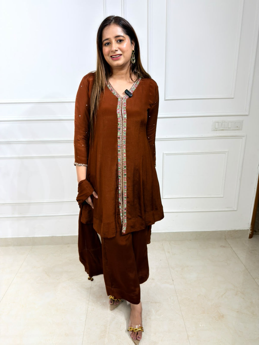 Roshni | Brown Embellished Kurta Palazzo Set