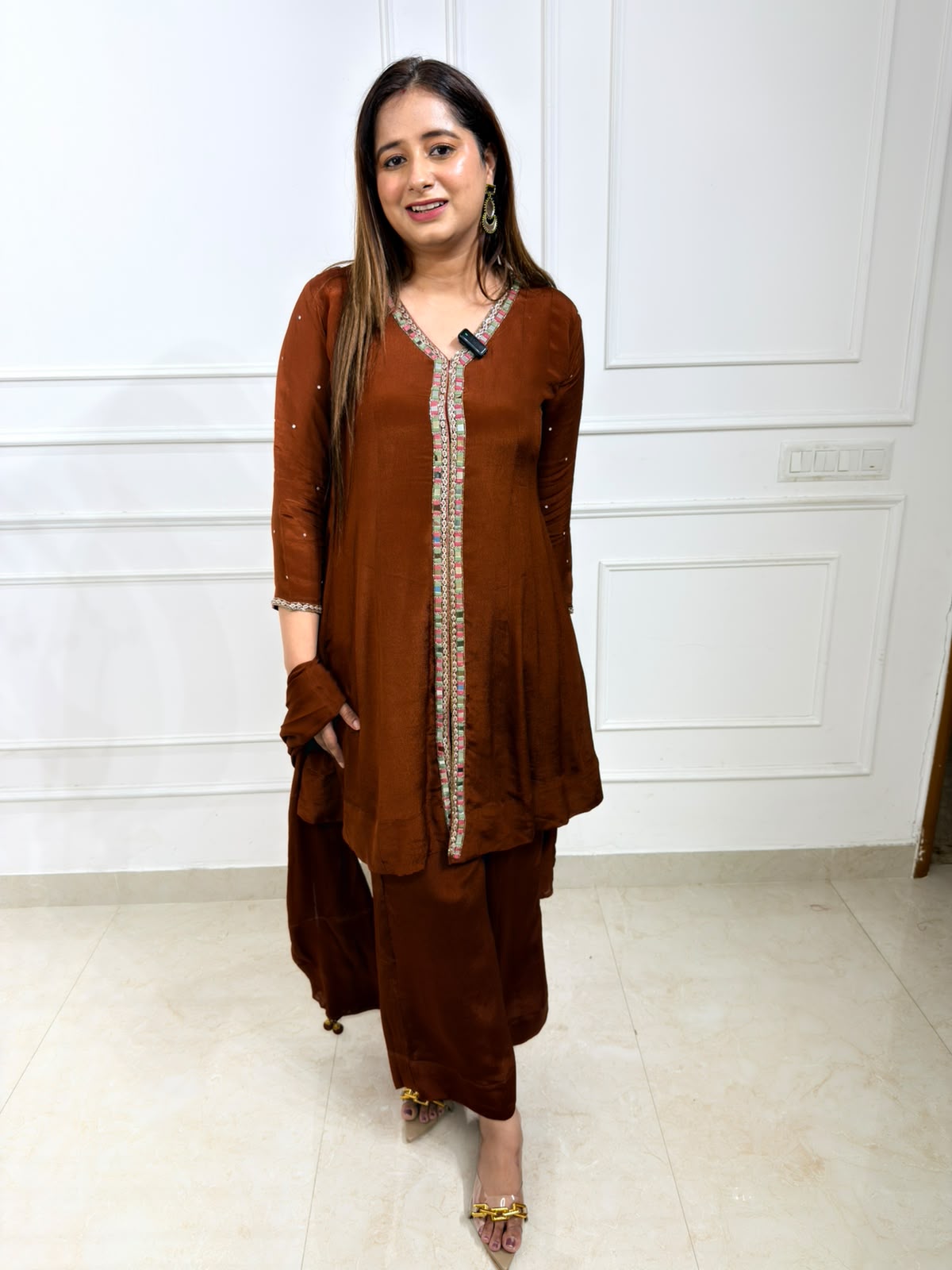 Roshni | Brown Embellished Kurta Palazzo Set