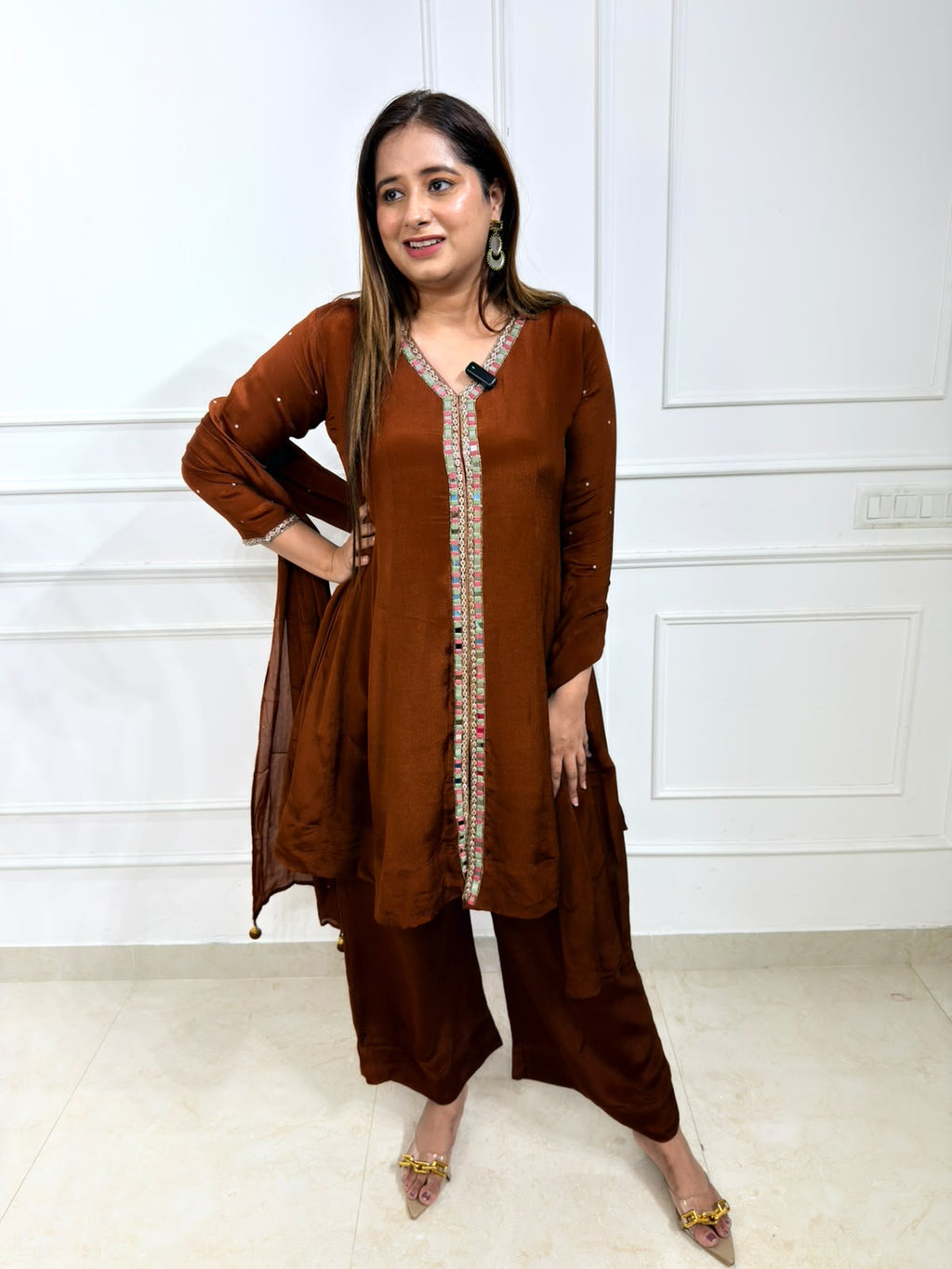 Roshni | Brown Embellished Kurta Palazzo Set
