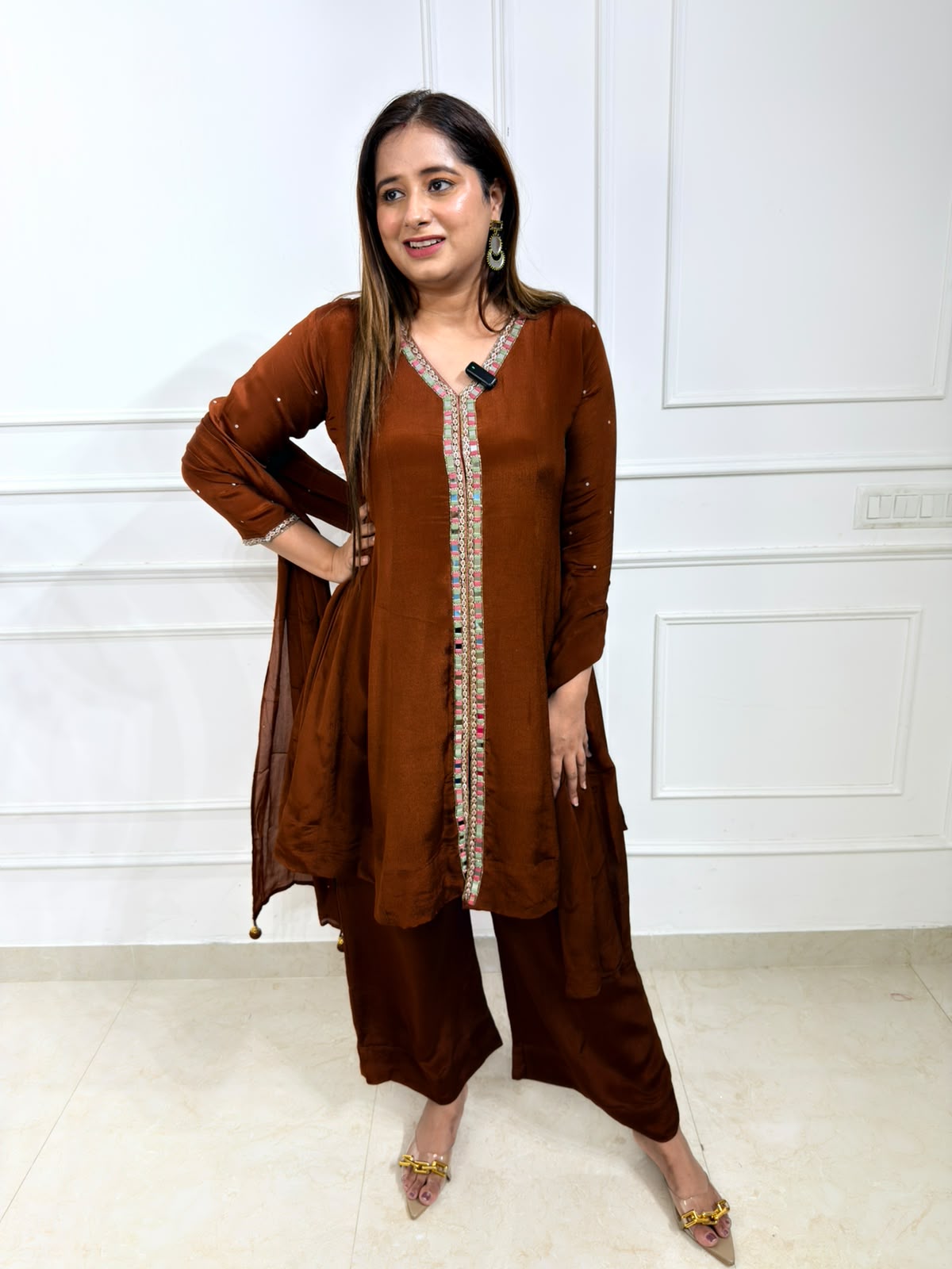 Roshni | Brown Embellished Kurta Palazzo Set
