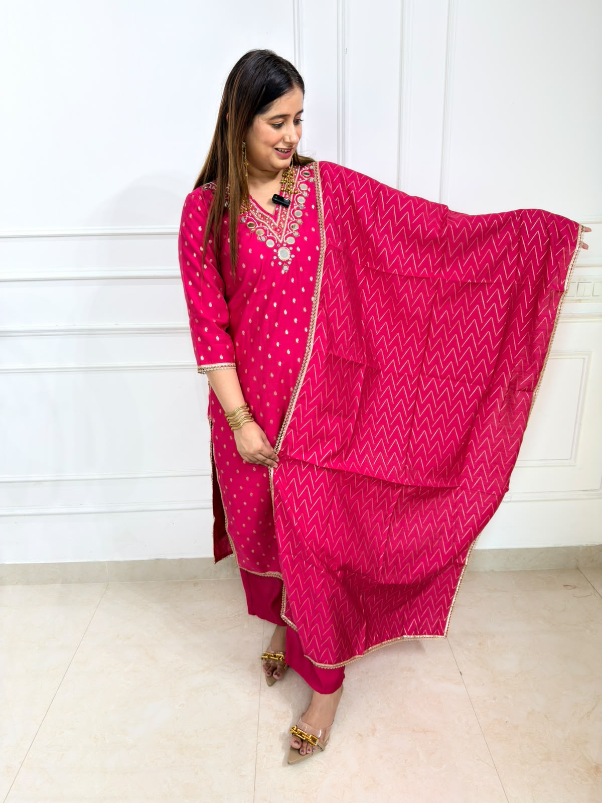 Zohra | Pink Mirror Work Printed 3-Piece Suit Set