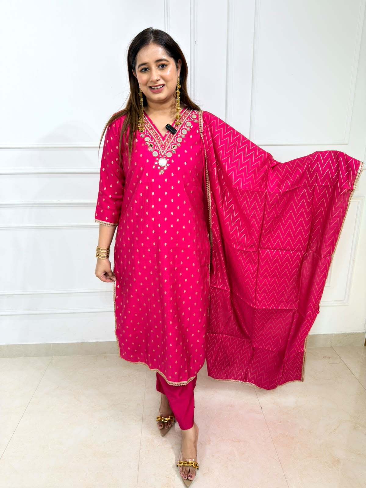 Zohra | Pink Mirror Work Printed 3-Piece Suit Set