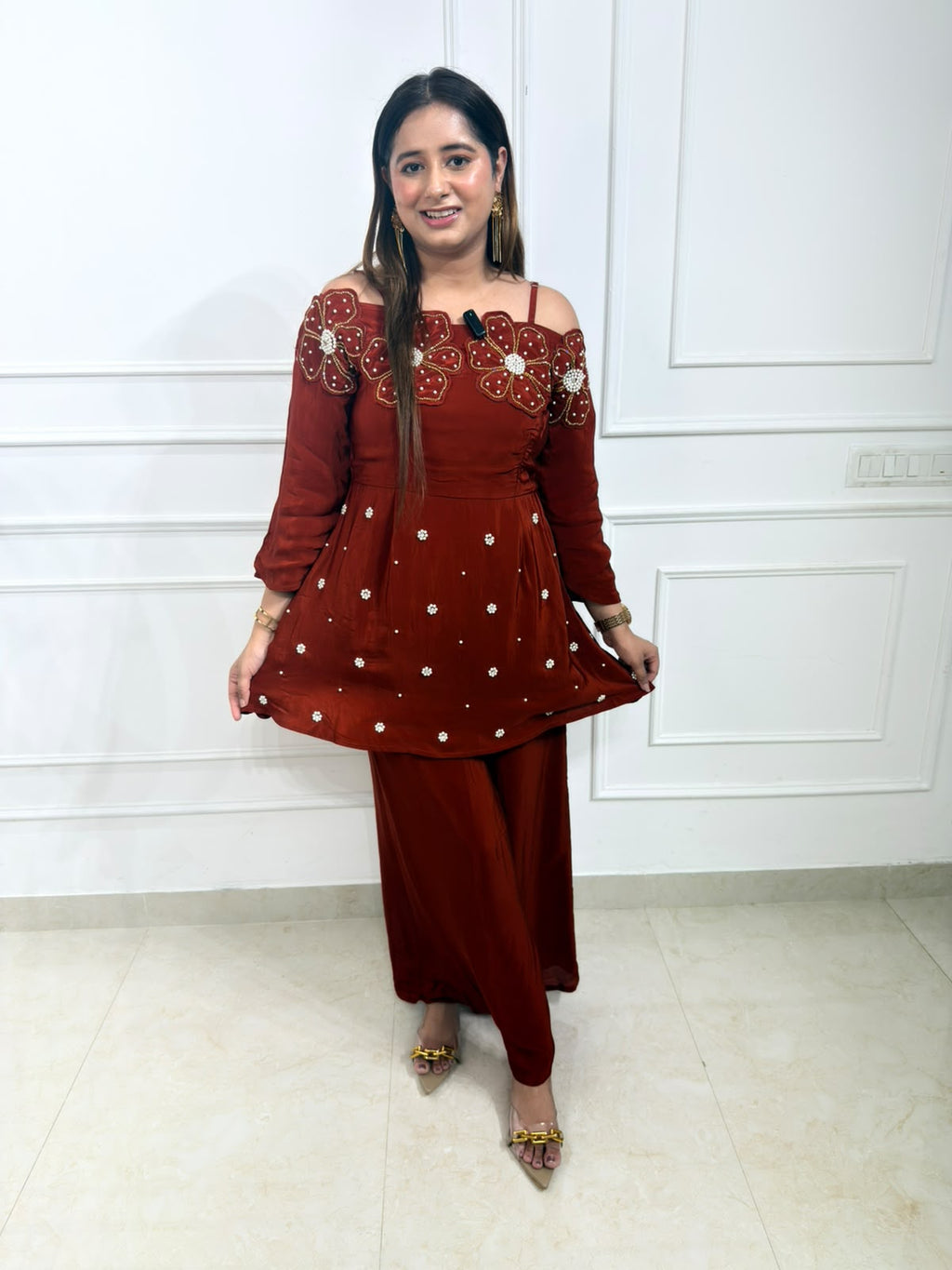 Elowen – Rust Maroon Floral Handworked Peplum Kurta & Pant Set