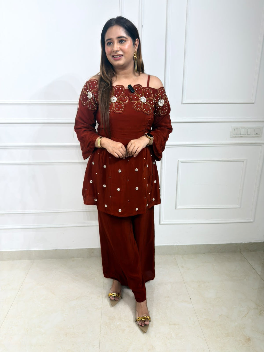 Elowen – Rust Maroon Floral Handworked Peplum Kurta & Pant Set