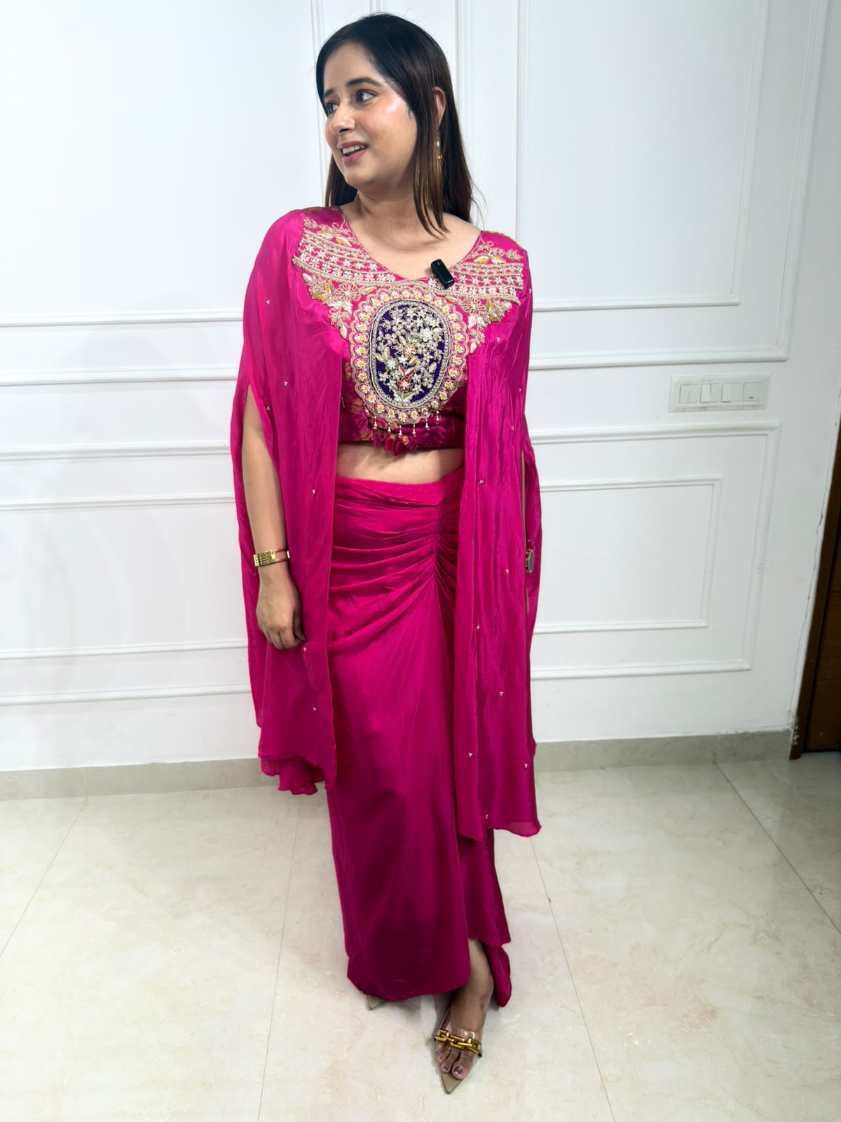Arohi – Fuchsia Pink Embroidered Draped Palazzo Co-ord Set