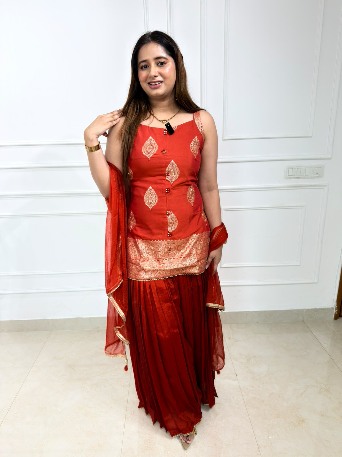 Raktima | Red Embroidered Peplum Sharara Set with Dupatta
