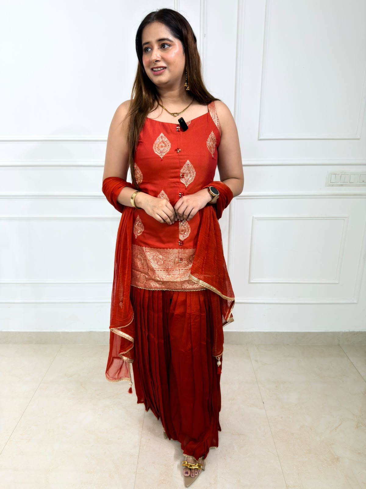 Raktima | Red Embroidered Peplum Sharara Set with Dupatta