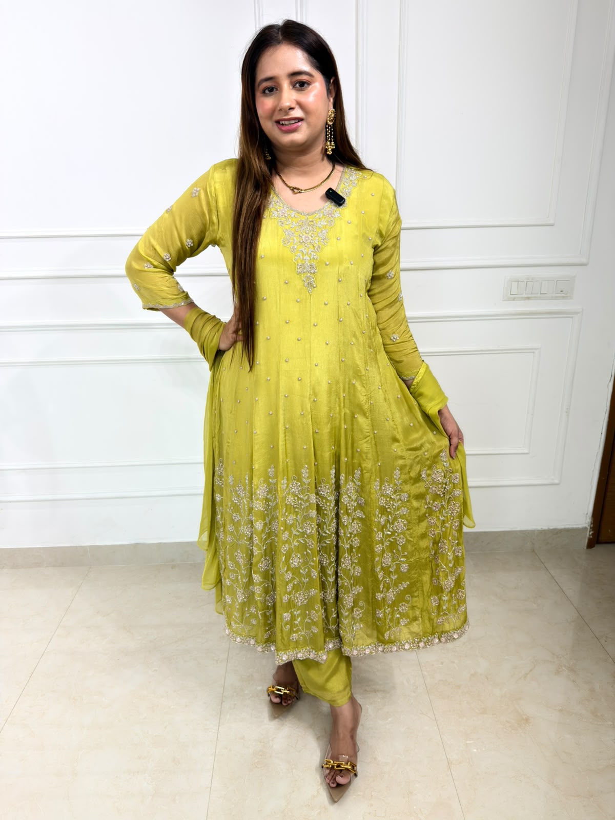Chandrika | Olive Green Embroidered Anarkali Suit Set