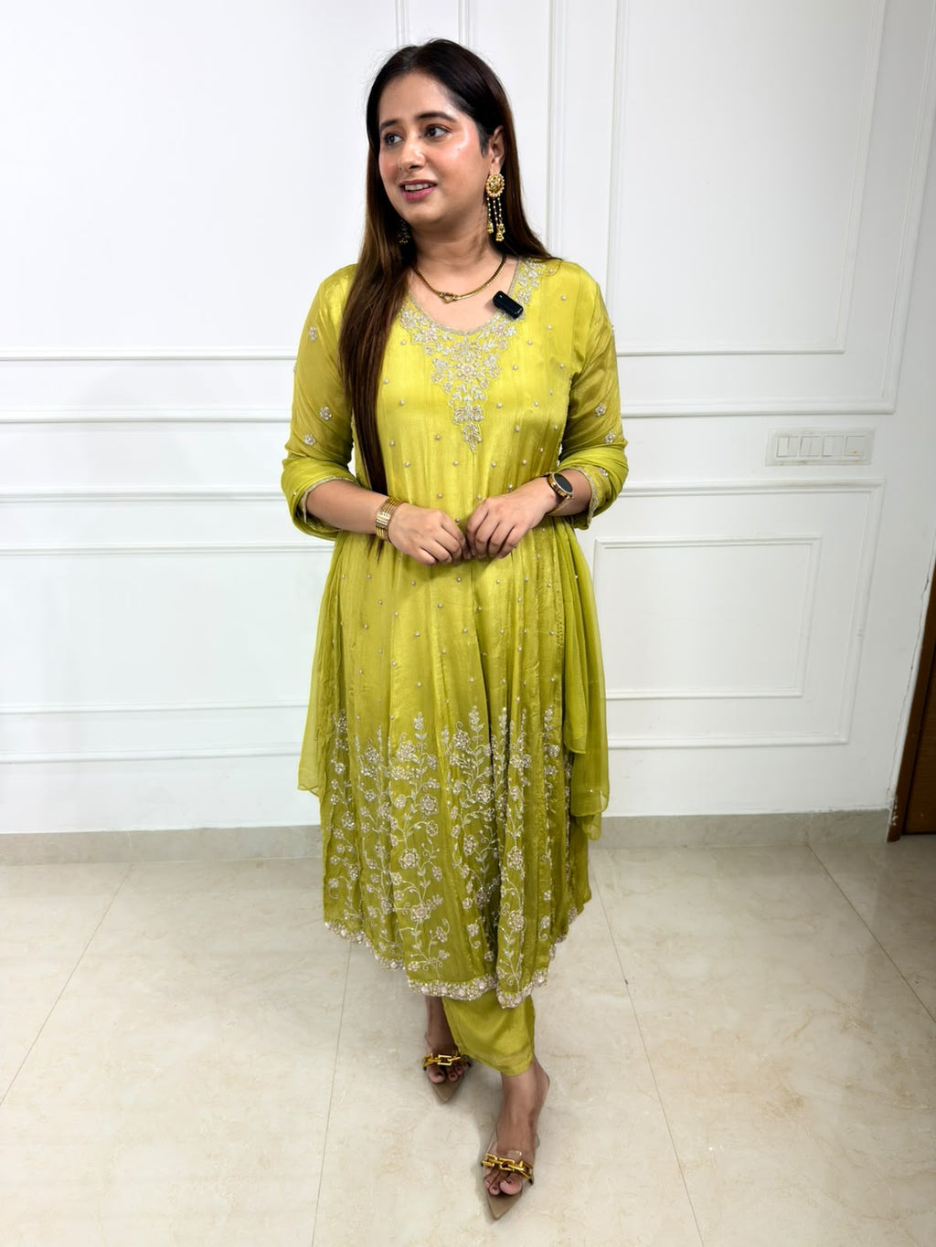 Chandrika | Olive Green Embroidered Anarkali Suit Set