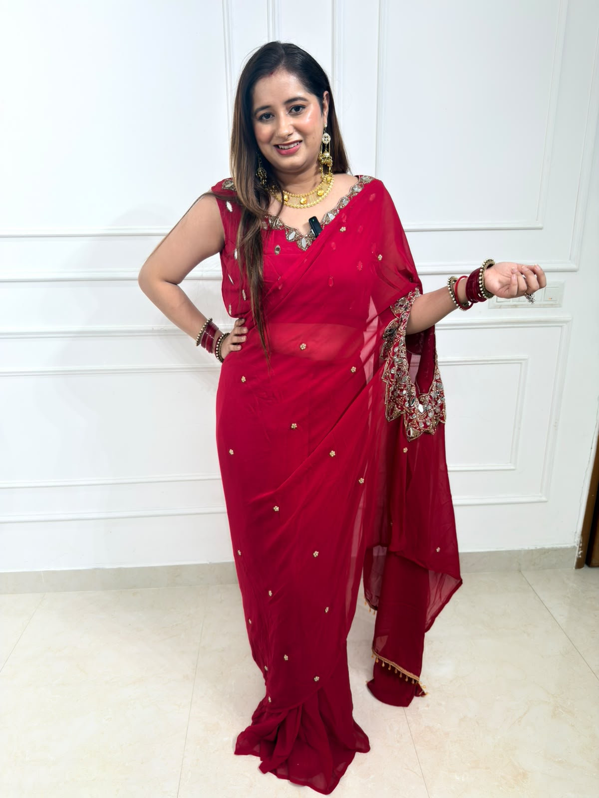 Vamika | Wine Red Georgette Saree with Embellished Border & Blouse