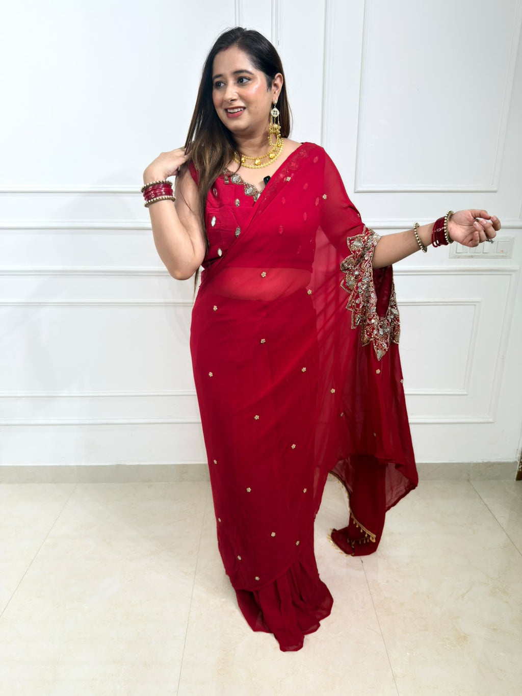 Vamika | Wine Red Georgette Saree with Embellished Border & Blouse