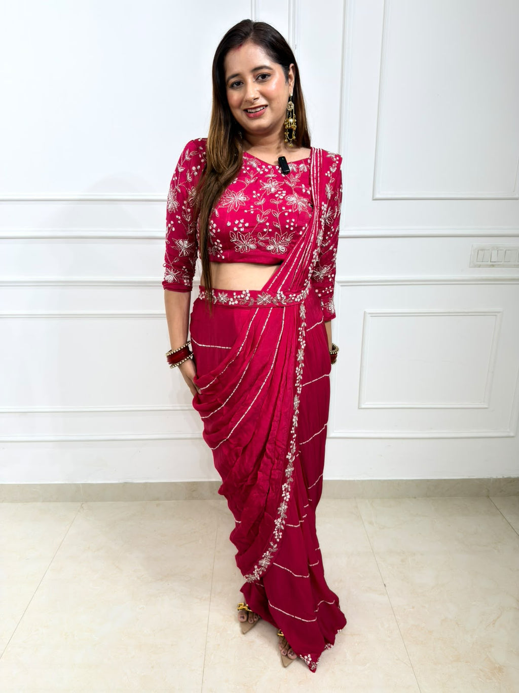 Pariya | Wine Pink Embroidered Pre-Draped Saree with Blouse