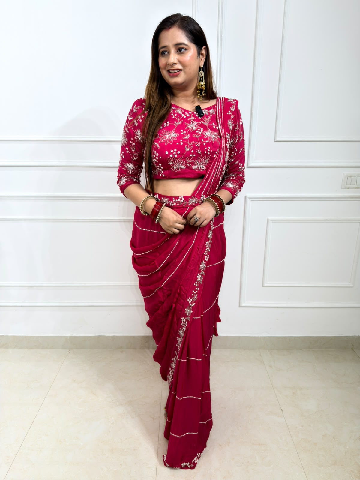 Pariya | Wine Pink Embroidered Pre-Draped Saree with Blouse