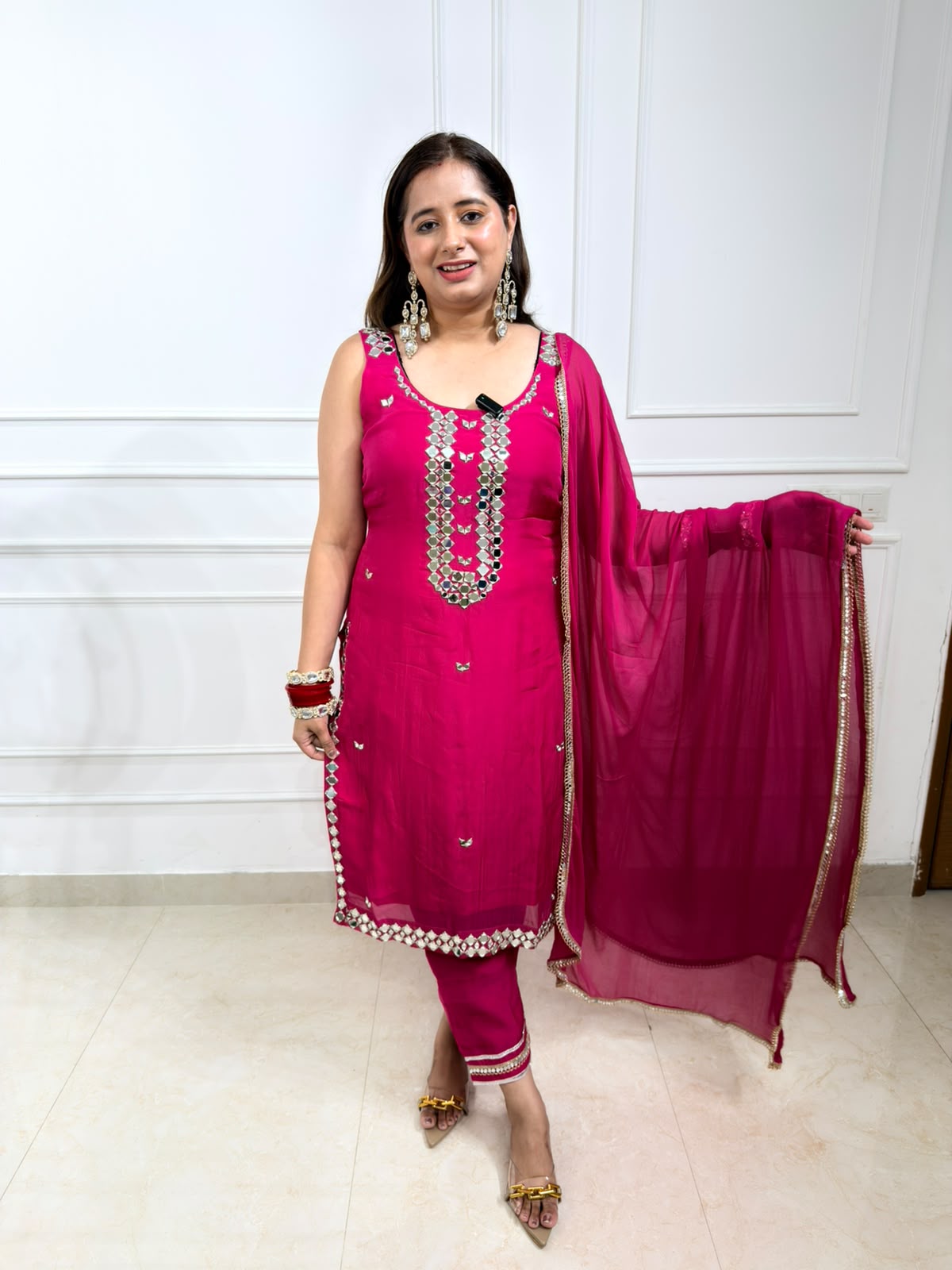 Miraya | Fuchsia Pink Mirror Work Straight Suit Set with Dupatta