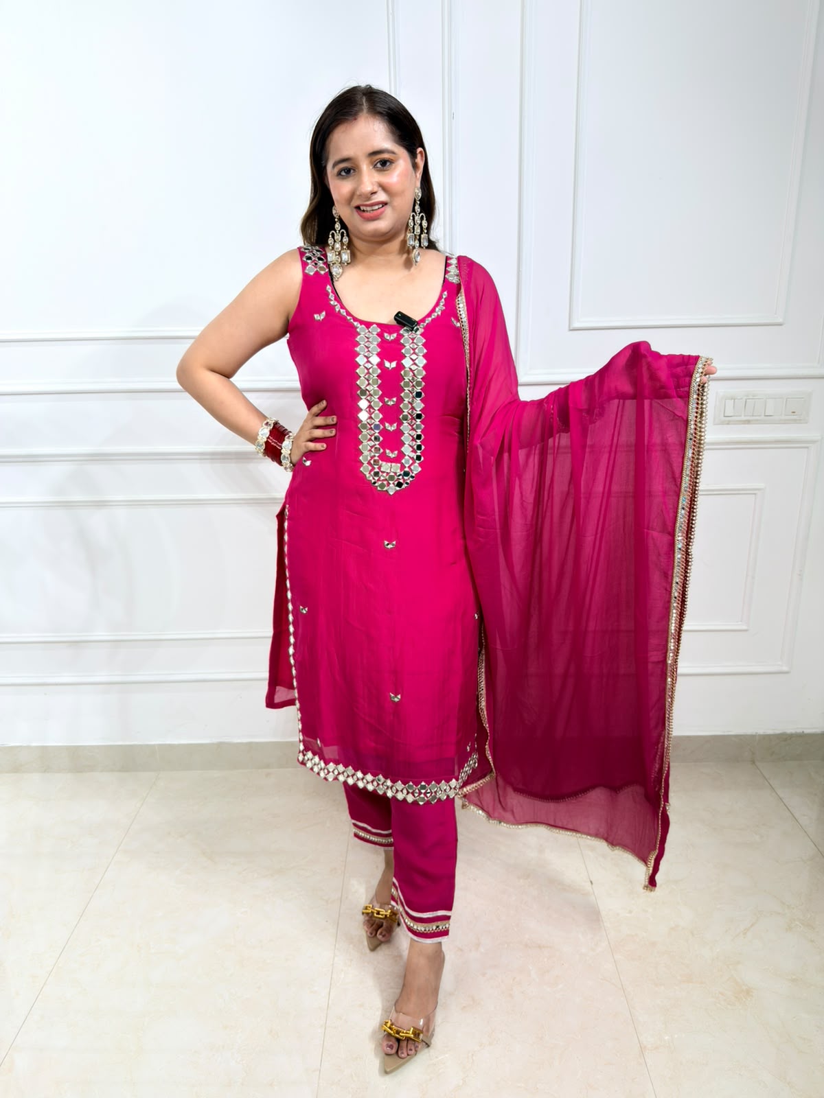 Miraya | Fuchsia Pink Mirror Work Straight Suit Set with Dupatta