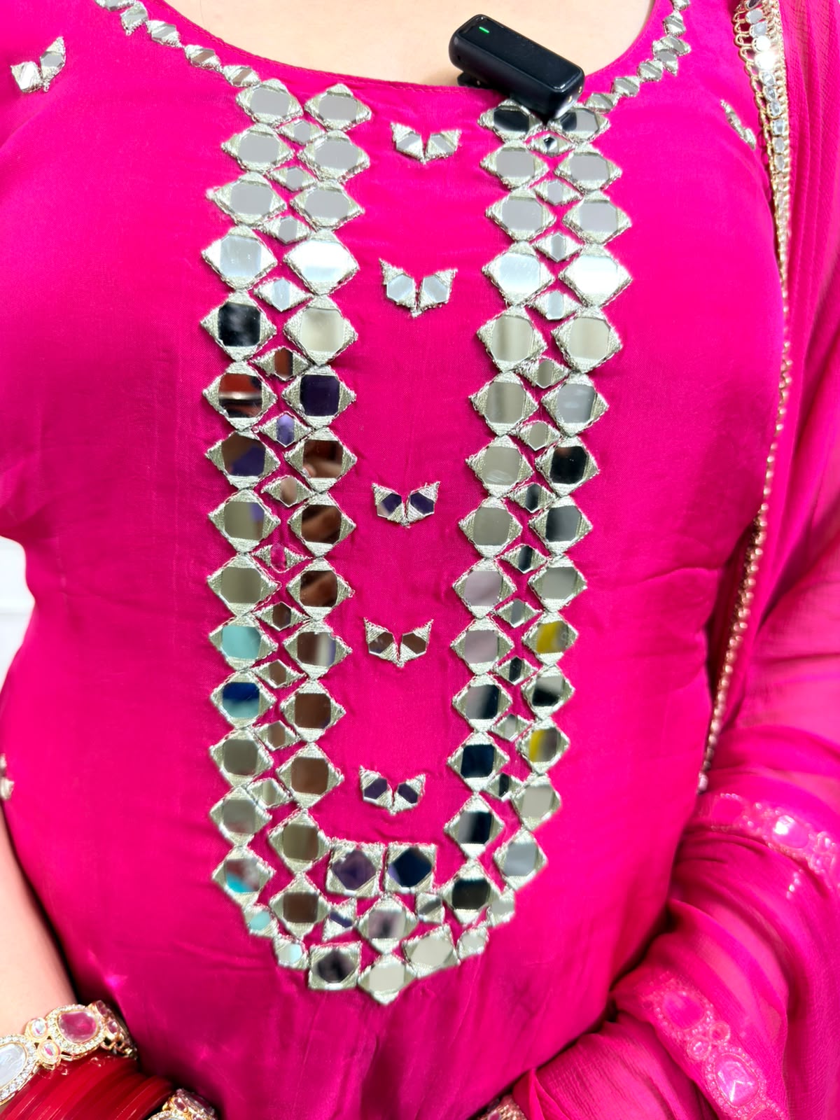 Miraya | Fuchsia Pink Mirror Work Straight Suit Set with Dupatta