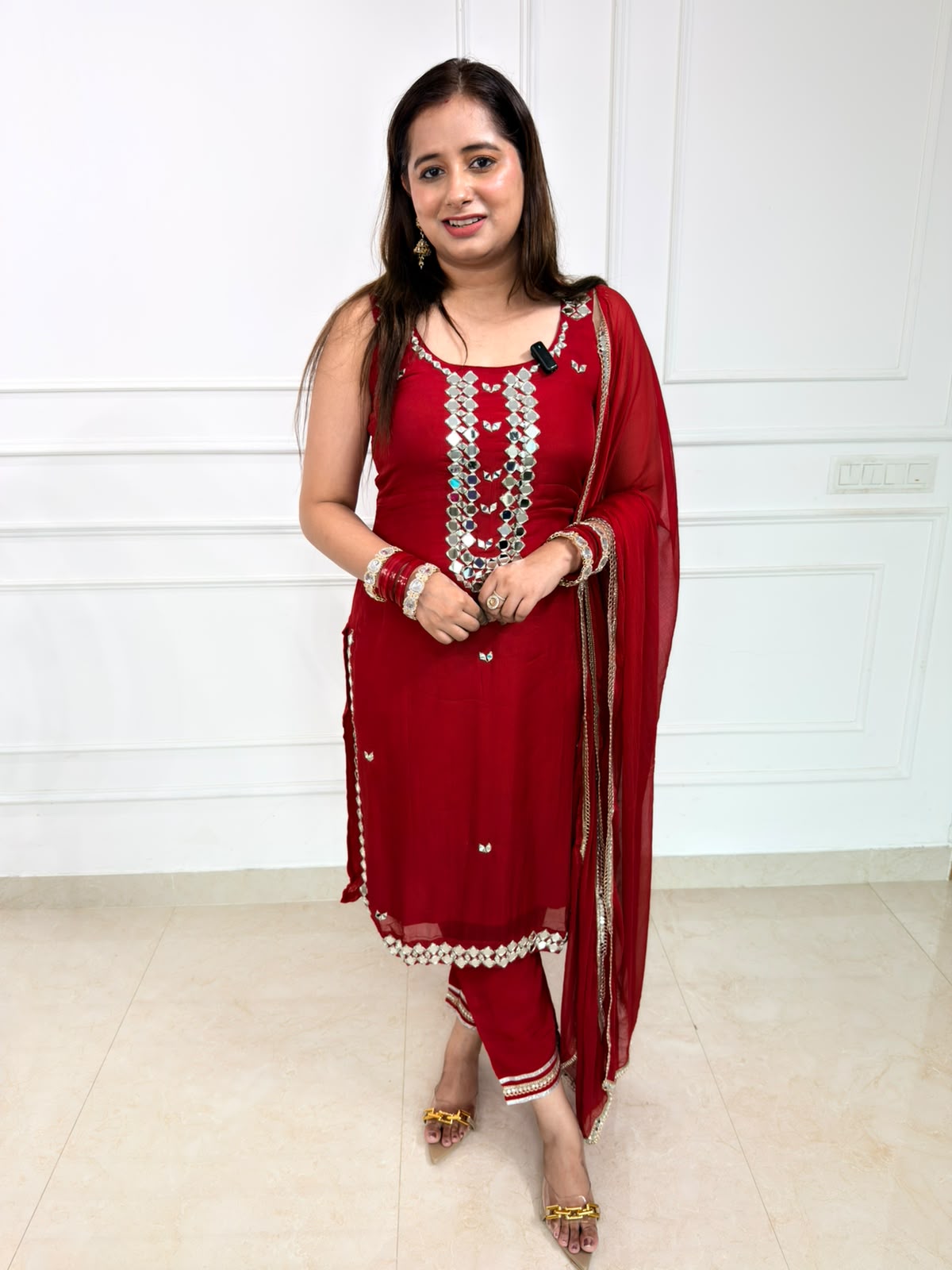 Ruvina | Maroon Mirror Work Straight Suit Set with Dupatta