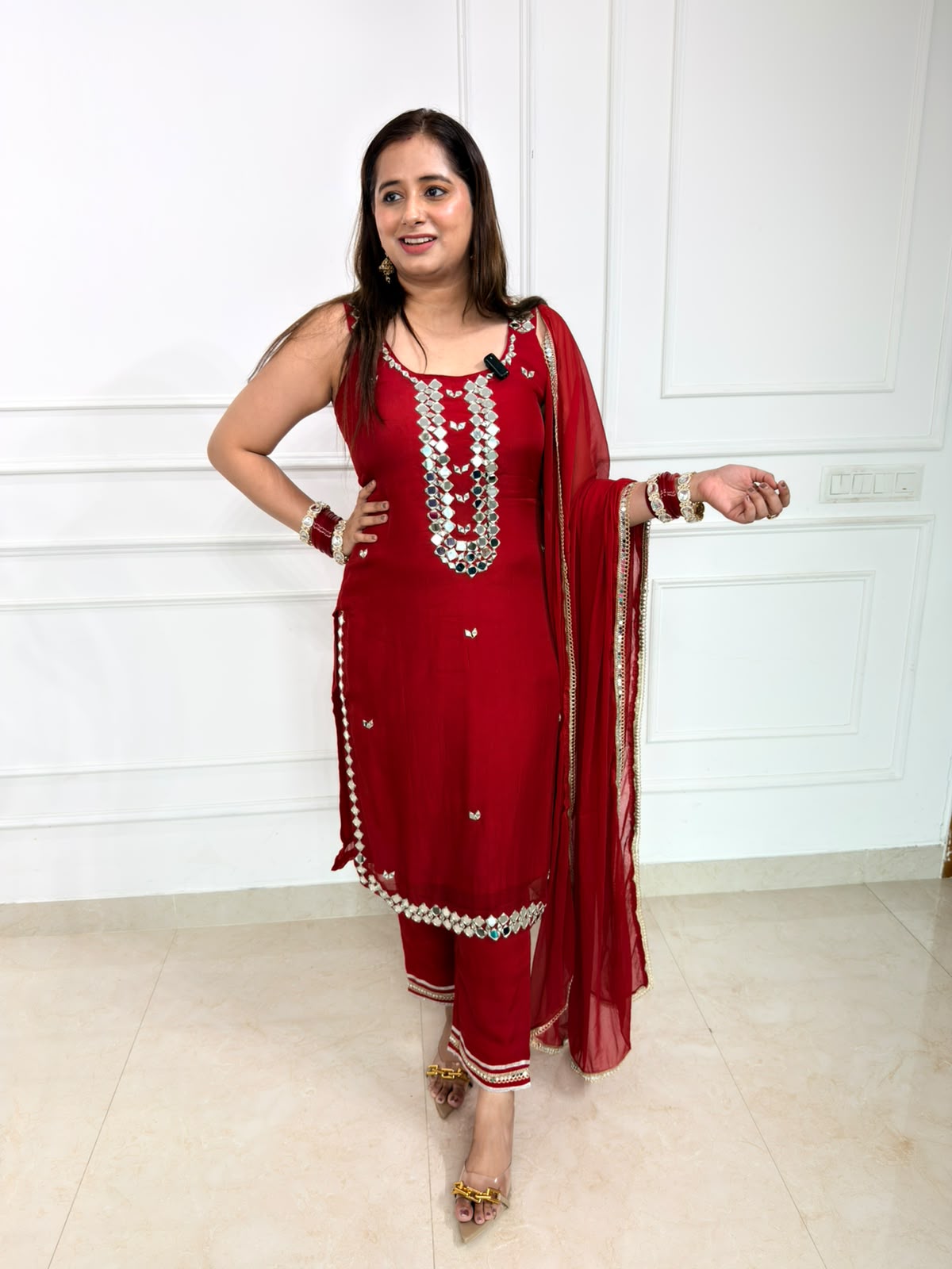 Ruvina | Maroon Mirror Work Straight Suit Set with Dupatta