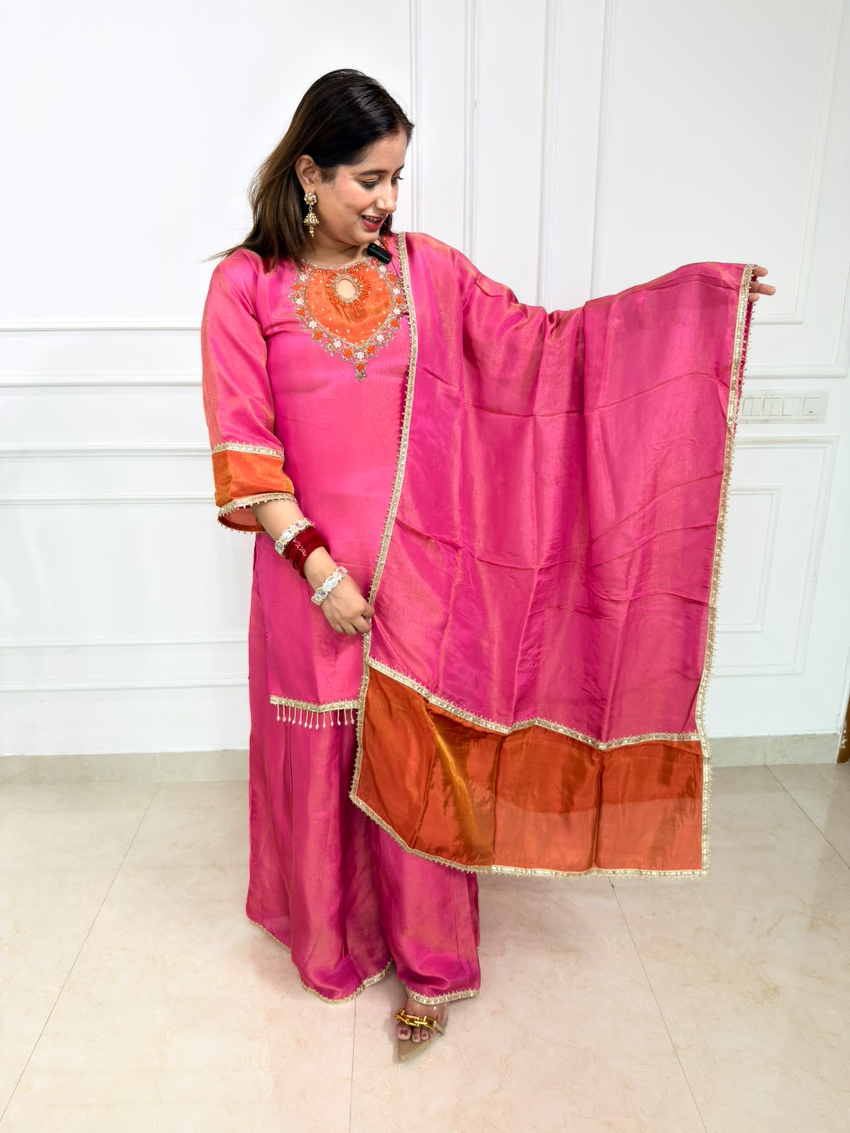 Inaya | Pink & Rust Orange Embroidered Suit Set with Dupatta