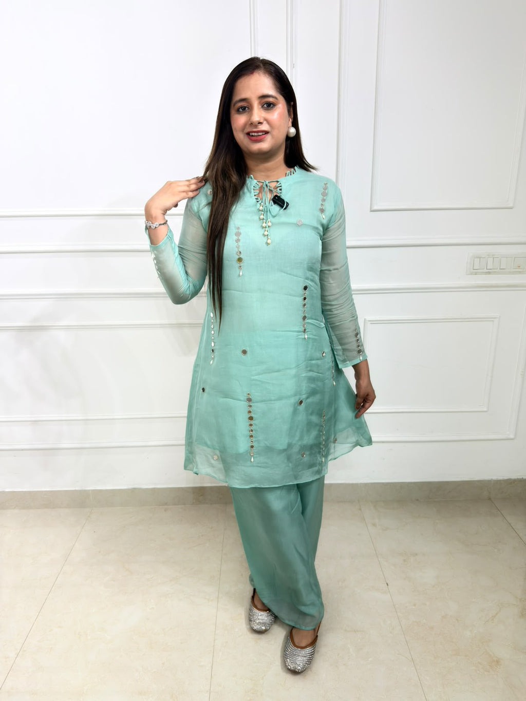 Elira | Sea Green Embellished Straight Kurta Set with Palazzo