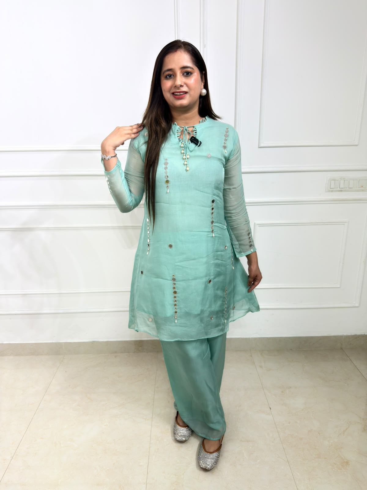 Elira | Sea Green Embellished Straight Kurta Set with Palazzo
