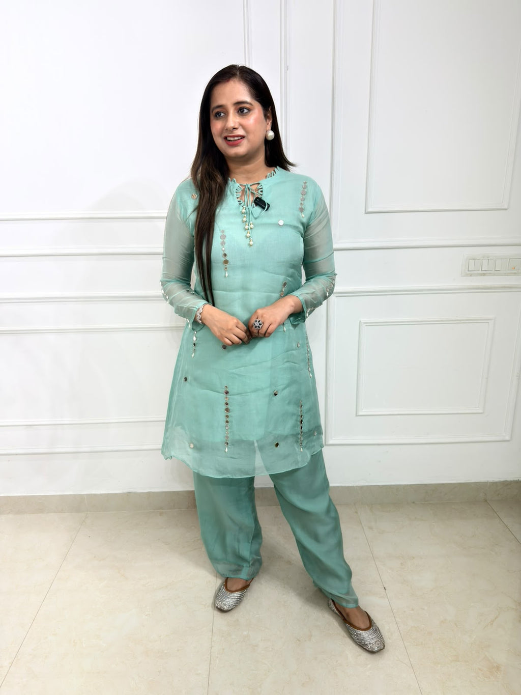 Elira | Sea Green Embellished Straight Kurta Set with Palazzo