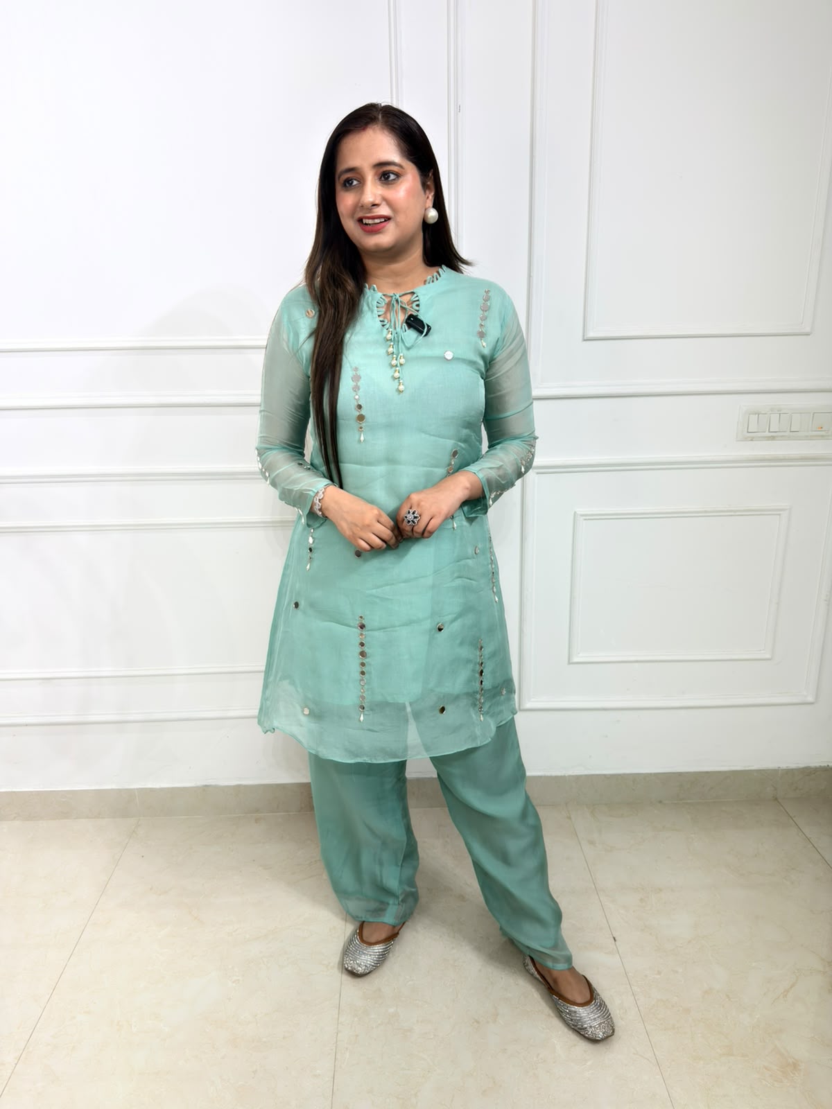 Elira | Sea Green Embellished Straight Kurta Set with Palazzo