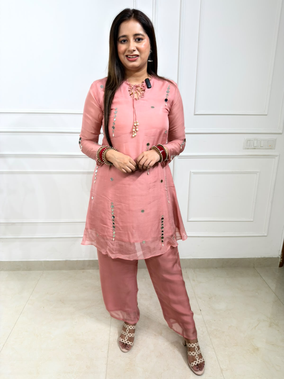 Elira | Dusty Pink Embellished Straight Kurta Set with Palazzo