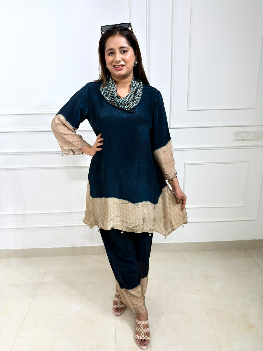 Tavisha | Navy Blue & Beige Printed Kurta Set with Cowl Neck Dupatta